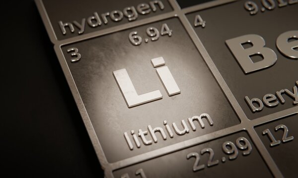 Highlight on chemical element Lithium in periodic table of elements. 3D rendering