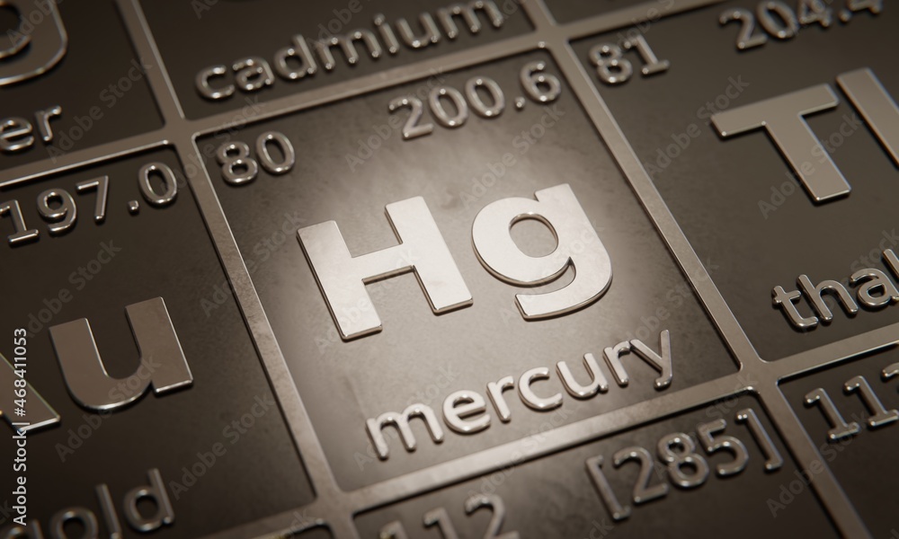 Poster highlight on chemical element mercury in periodic table of elements. 3d rendering