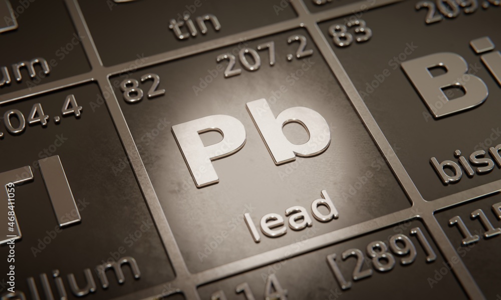 Poster highlight on chemical element lead in periodic table of elements. 3d rendering