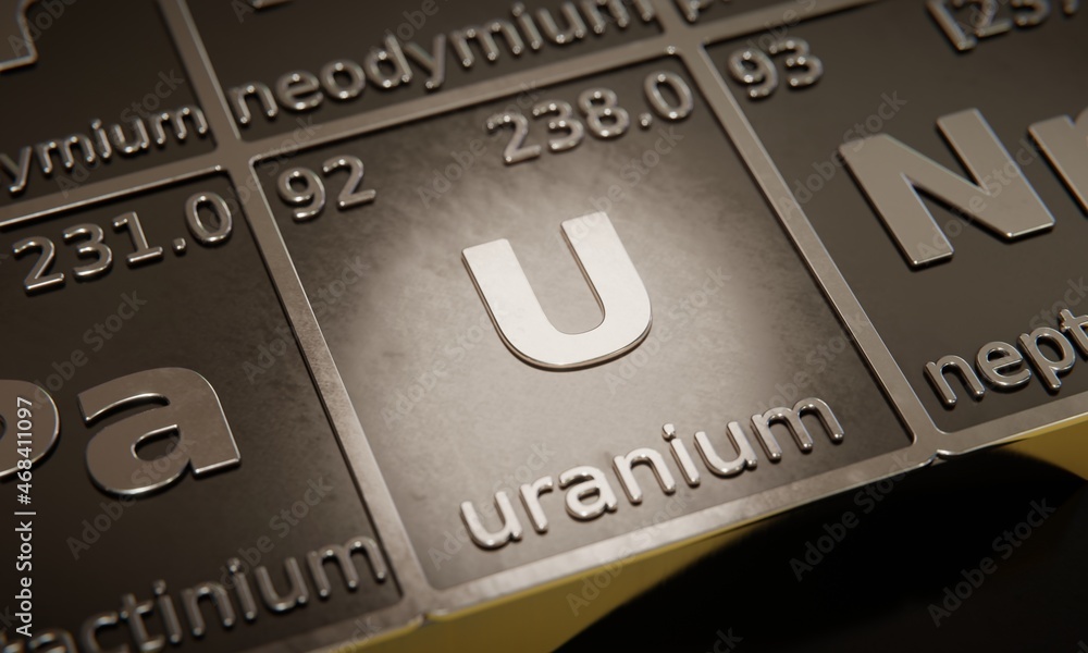 Aufkleber highlight on chemical element uranium in periodic table of elements. 3d rendering