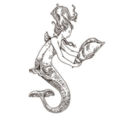 Mermaid holding a shell in her hands. Sketch. Engraving style. Vector illustration.
