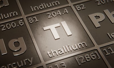 Highlight on chemical element Thallium in periodic table of elements. 3D rendering