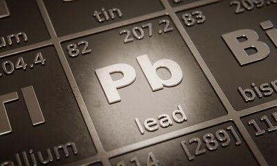 Highlight on chemical element Lead in periodic table of elements. 3D rendering