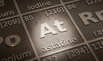 Highlight on chemical element Astatine in periodic table of elements. 3D rendering