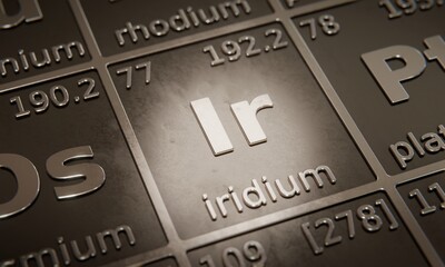Highlight on chemical element Iridium in periodic table of elements. 3D rendering