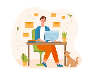 Man sending emails. Hardworking employee, marketing department. Character working on project. Office, workflow, worker. Businessman startup correspondence. Cartoon flat vector illustration