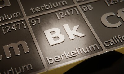 Highlight on chemical element Berkelium in periodic table of elements. 3D rendering