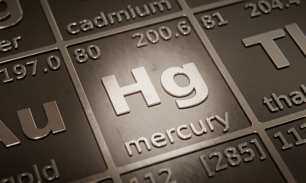 Highlight on chemical element Mercury in periodic table of elements. 3D rendering