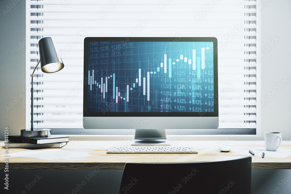 Aufkleber modern computer screen with abstract financial diagram, banking and accounting concept. 3d rendering