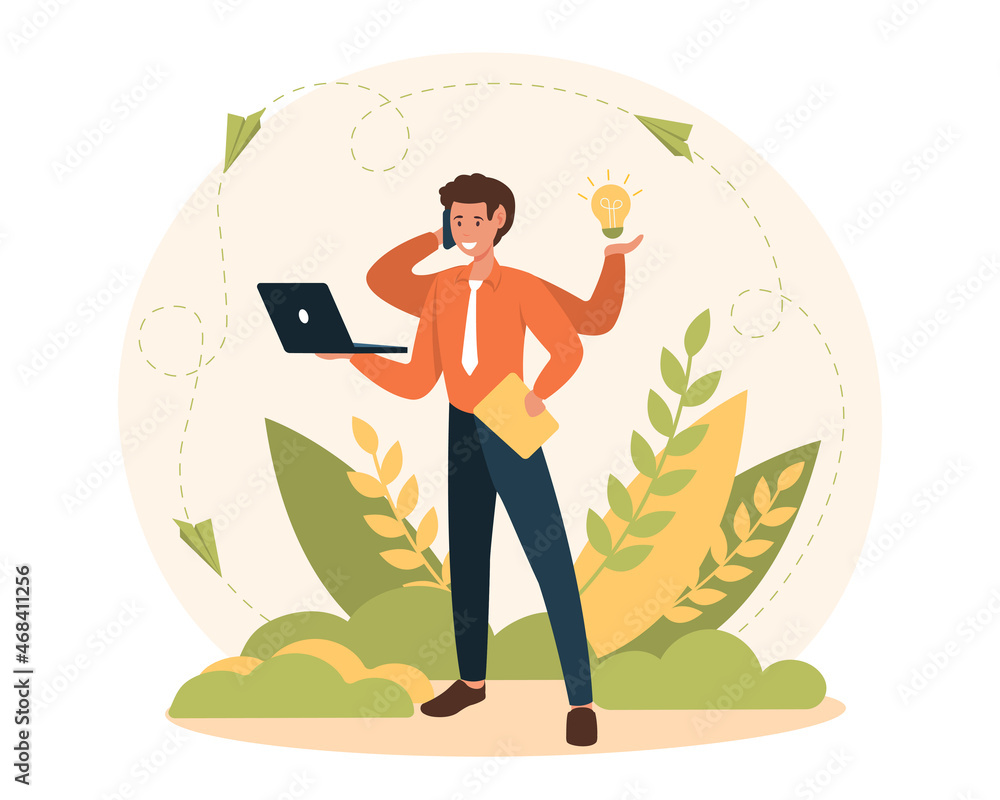 Aufkleber man doing multi tasks. metaphor of hardworking employee, businessman. character does several things 