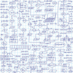 Obraz premium Information technology vector seamless pattern with handwritten programming code and diagram charts, grid copybook paper