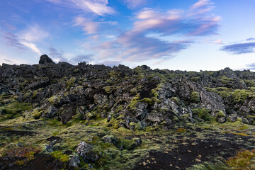 Iceland volcano rock landscape with blue sky