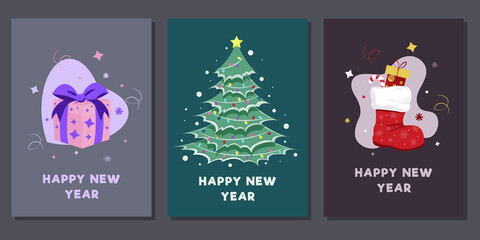 Naklejka premium Set of cards for New Year and Christmas with a gift, a tree and a Christmas boot.Vector illustration.