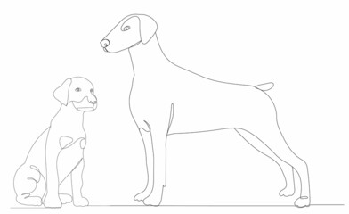 dog and puppy drawing by one continuous line, vector, isolated
