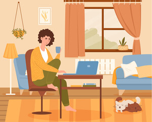 Fototapeta premium Home office concept. Girl sits with mug in front of laptop. Apartment, teleworking, remote employee, freelancing, coworking. Lifestyle, comfort, coziness, home. Cartoon flat vector illustration