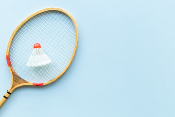 Sports eguipment of badminton racket and shuttlecock, top view