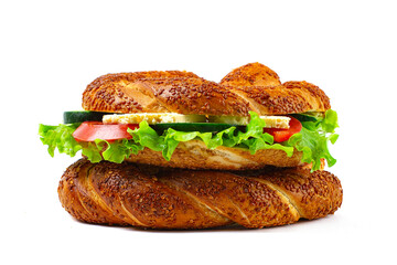 Traditional Turkish bagel simit, breakfast, on a white background, horizontal, no people,