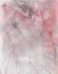 Fototapeta premium Pink-gray watercolor background. Transparent lines and spots. Paint leaks and ombre effects. Abstract hand-painted image.
