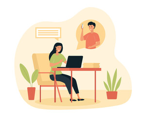 Customer support service. Girl answers customer questions. Information about product or service. Help in difficult situations. Company hotline, modern technologies. Cartoon flat vector illustration