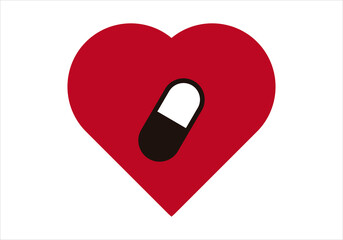 Icono de corazón rojo de una píldora en fondo blanco. - obrazy, fototapety, plakaty