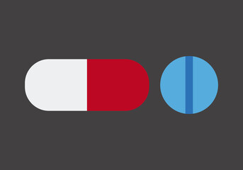 Icono de cápsulas y pastillas en fondo negro.