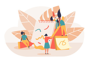 Creative team concept. Artists draw colorful lines on notebook. Metaphor of creativity, design development. Stylish patterns, modern paintings, ideas, women. Cartoon flat vector illustration