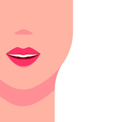 Woman's face and neck, front view, smile and joy. Clean skin of the girl's face. Vector illustration, flat cartoon minimal color design, isolated on white background, eps 10.