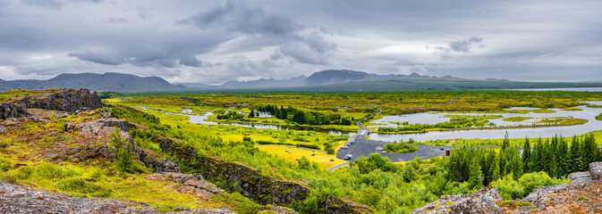Panoramic view of Thingvellir national park and Pingvallavatn on Iceland, summer time, panorama, wide angle, dramatic scenery.