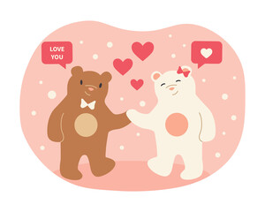 Couple of bears. Pictures for printing on childrens clothes. Cute images, plush toys. Metaphor of love, caring for loved ones. Boy and girl walking hand in hand. Cartoon flat vector illustration