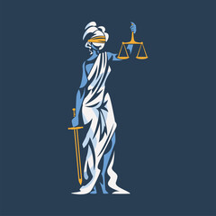 Themis as Ancient Greek Goddess and Lady Justice with Blindfold Holding Scales and Sword Vector Illustration