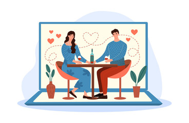 Couple dating online. Romantic date on internet, metaphor for dating apps. Man and girl found each other. Restaurant, evening, wine. Relationship, connection. Cartoon flat vector illustration