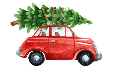 watercolor red car with christmas tree