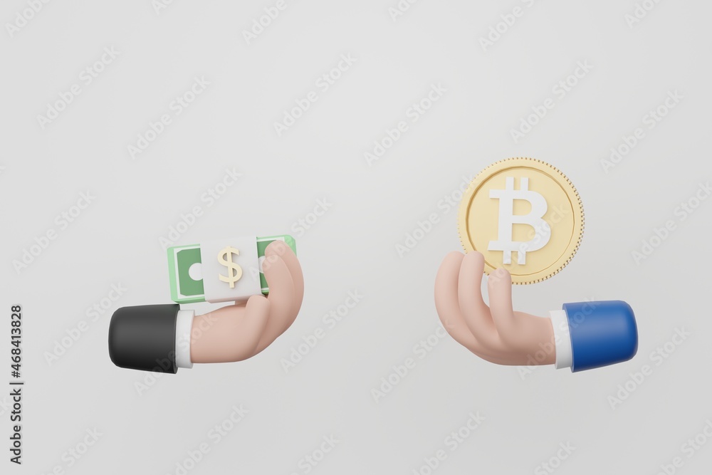 Poster 3d render cartoon hands exchange between fiat money and bitcoin. cryptocurrency transactions on netw