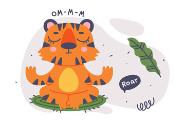 Cute Little Striped Tiger Cub Sitting in Yoga Pose on Mat Vector Composition