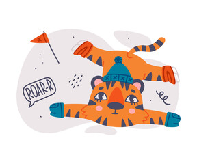 Cute Little Striped Tiger Cub with Orange Fur on Ice Skate Enjoying Winter Holiday Vector Illustration