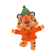 Fototapeta premium Cute Little Striped Tiger Cub with Orange Fur Wearing Hat and Sweater Vector Illustration