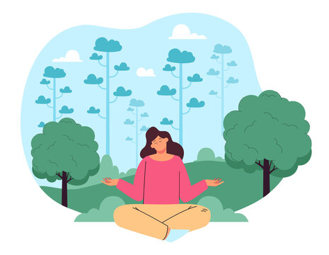 Calm smiling woman sitting in yoga pose surrounded by trees and enjoying nature. Physical health treatment via forest bathing flat vector illustration. Life balance, fitness, ecotherapy concept