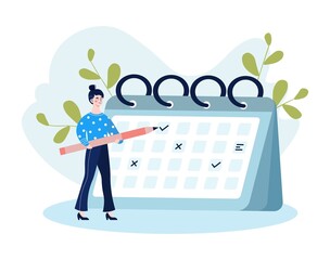 Calendar Planning concept. Girl with pencil in her hands planning her schedule. Time management, successful employee, character sets deadlines, work organization. Cartoon flat vector illustration