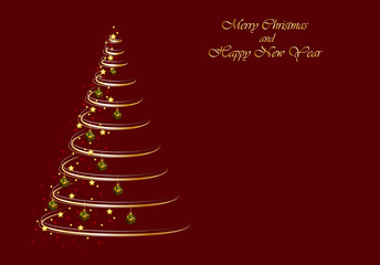 Golden christmas tree with ball in tiger print. Greeting card of Happy New Year. Winter paper art design. Vector illustration