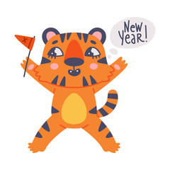 Naklejka premium Funny Tiger Cub with Orange Fur and Stripes with Flag Celebrating New Year Holiday Vector Illustration