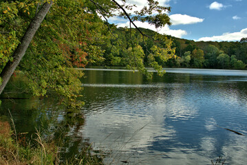 Clear blue skies over a fall foliage around a lake