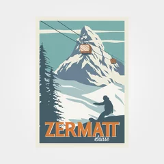  zermatt ski resort vintage poster travel illustration design, swiss alps poster design © linimasa