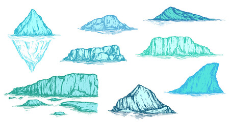 Set of vector illustration iceberg in colorful sketch engraved style isolated on white background. Collection big ice mountain in water. Hand drawn vintage design element.