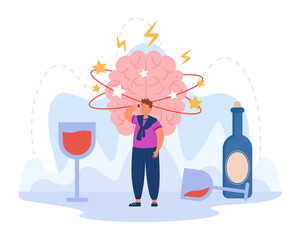 Man having hangover from drinking strong alcohol. Brain of drunk person, huge wineglasses, headache from liquor flat vector illustration. Health, addiction concept for banner or landing web page