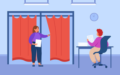 Poll watcher with ballots sitting next to voting booth. Voter casting vote for campaign representative flat vector illustration. Government, election concept for banner, website design or landing page