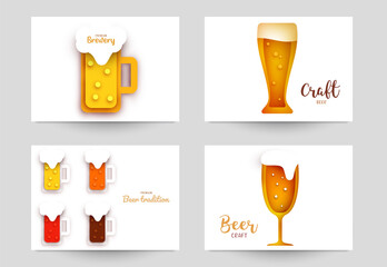 Set background templates for beer banner, flyer, card, poster in modern minimalistic paper cut style. Collection design composition of branding ads, festival, party, identity. Vector illustration.