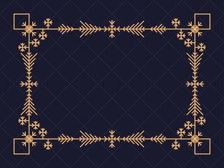 Art deco frame with snowflakes. Christmas linear border, line art. Template design for greeting card Merry Christmas and Happy New Year. The style of the 1920s - 1930s. Vector illustration