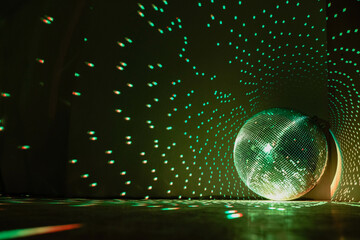 Large disco ball reflecting green light in a dark hall for discos. Disco symbol. Copy space.