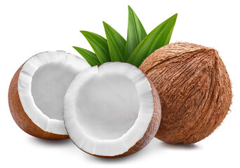 Coconut and green leaves isolated on white background. Clipping path coconut. Coconut macro studio photo