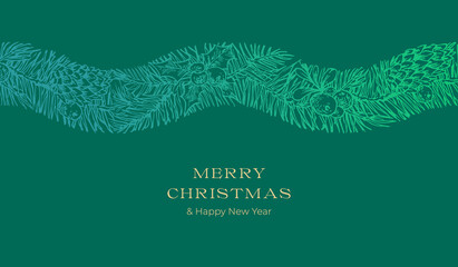 Christmas Greetings Vector Banner Template. Winter Holiday Spruce and Holly Doodle Wavy Stripe Decorative Frame on Green Background. New Year Label or Card Design with Holyday Foliage Band © createvil